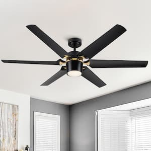 60 in. Dimmable Indoor Integrated LED Light Remote Ceiling Fan with Matte Black and Gold ABS 6-Blades
