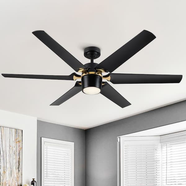Runesay 60 in. Dimmable Indoor Integrated LED Light Remote Ceiling Fan with Matte Black and Gold ABS 6-Blades