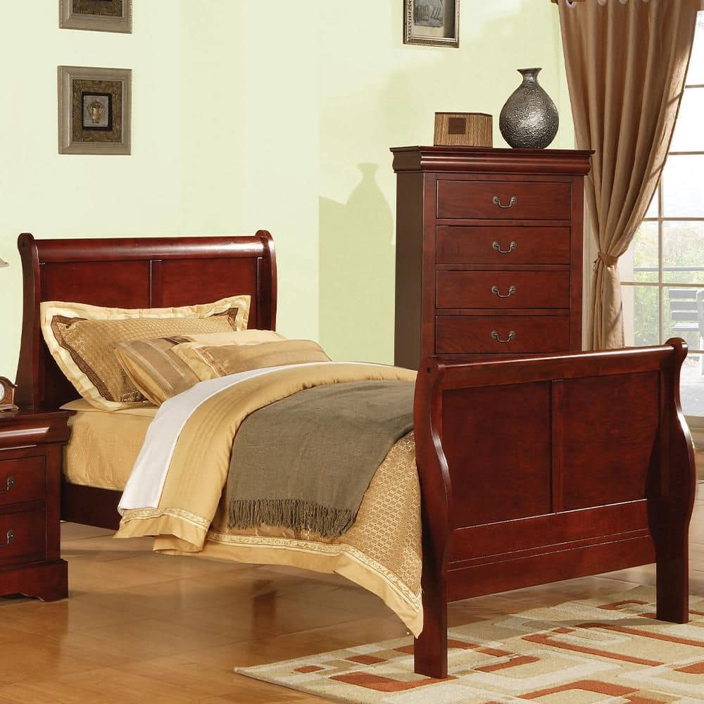 Cherry Brown Twin Size Traditional Wood Sleigh Bed