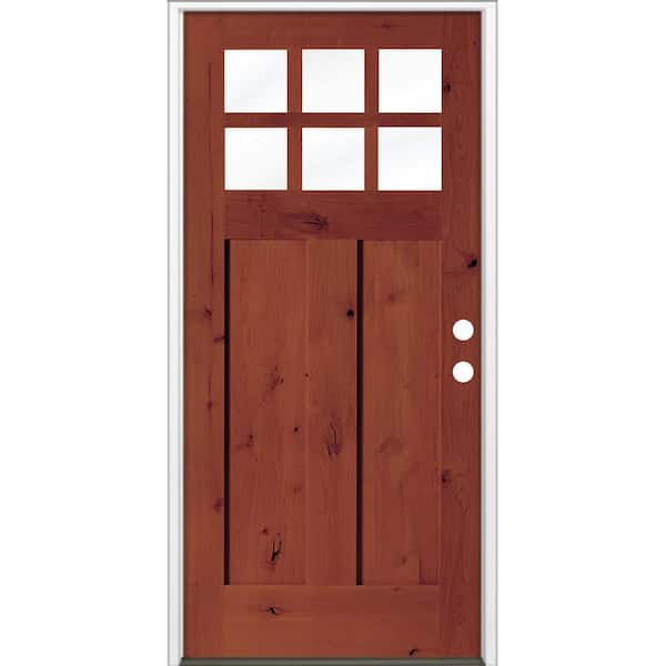 36 in. x 80 in. Craftsman Knotty Alder Left-Hand/Inswing 6-Lite Clear Glass Amaretto Stain Wood Prehung Front Door