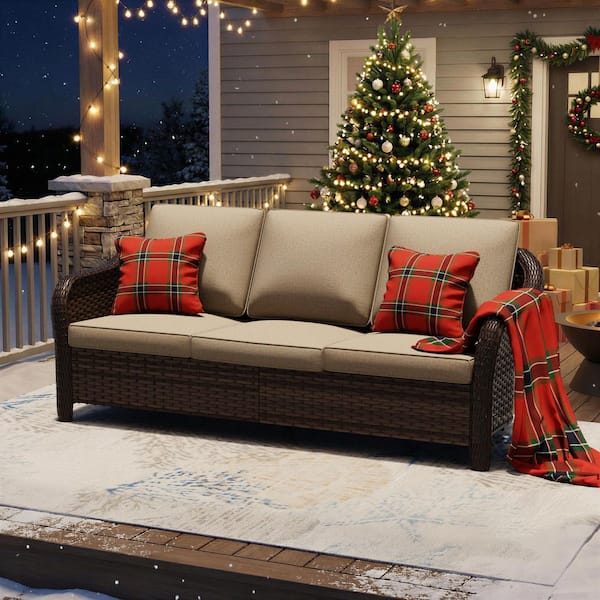 3-Seat Wicker Outdoor Couch Patio Sofa with Beige Cushion