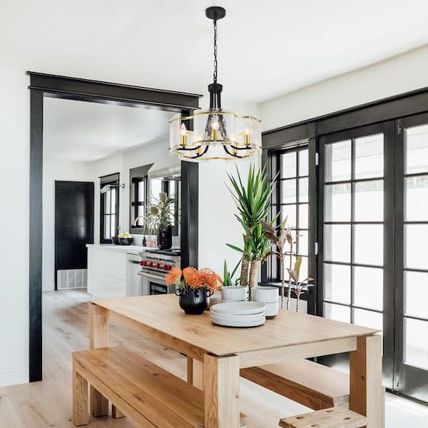 5-Light Gold Hanging Candlestick Chandelier Linear Glass Sheet Chandelier Lighting for Kitchen Island