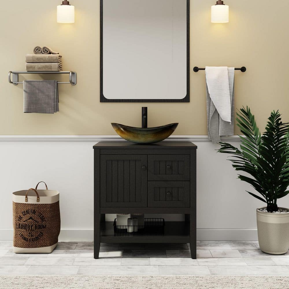 30 in. W x 20 in. D x 32 in. H Single Sink Freestanding Black Bath Vanity with Champagne Oval Glass Vessel Sink Top price history on PriceWatchPro