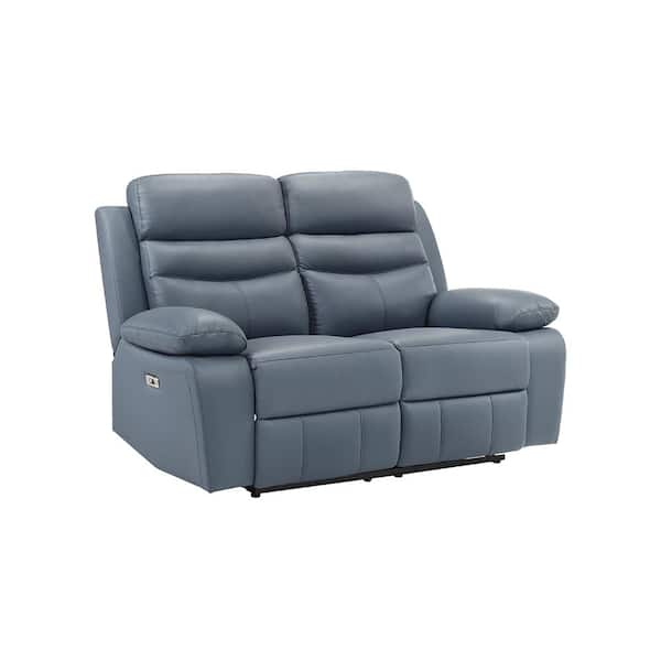 Lazzara Edelia 64 in. W Blue Leather 2-Seater Power Double Reclining Loveseat