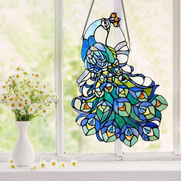 River of Goods Purple Peacock Stained Glass Window Panel