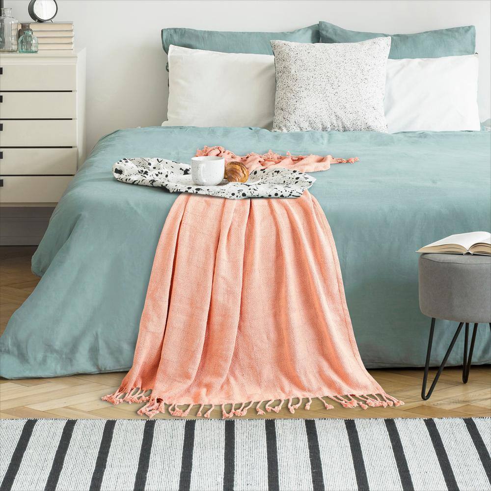 Coral Pink Organic Cotton Throw Blanket with Fringe