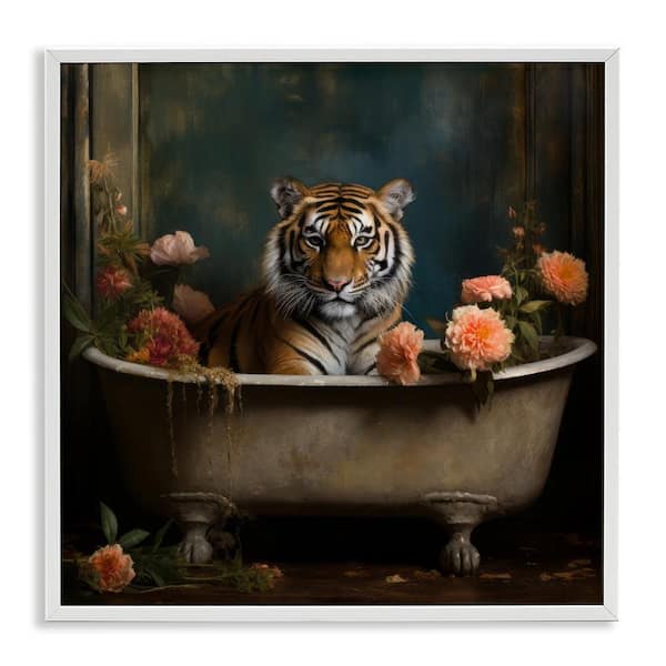 Tiger in Floral Bathtub by Lazar Studio White Framed Giclee Art Print Animal 12 in. x 12 in.
