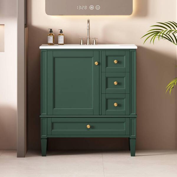 30 in. Freestanding Green Bath Vanity with White Ceramic Top, 3-Drawers and Solid Wood Frame