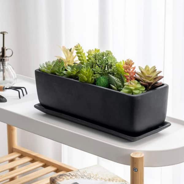 Large Black Ceramic Indoor/Outdoor Planter with Saucer(14 in. W x