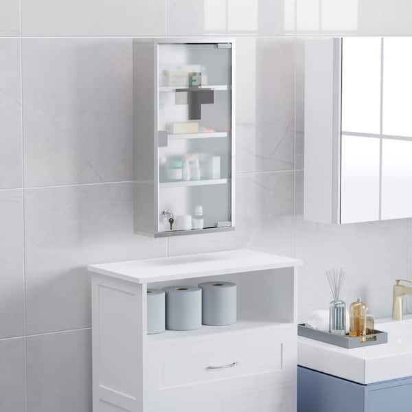 HOMCOM 11.75 in. W x 23.5 in. H Medium Rectangular Silver Stainless Steel Surface Mount Medicine Cabinet Without Mirror
