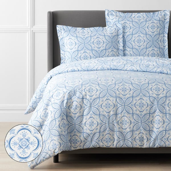 The Company Store Legends Hotel Malta Tiles Blue/White Floral Queen Egyptian Cotton Duvet Cover