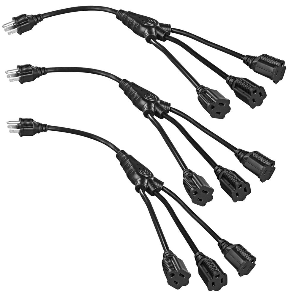 DEWENWILS 3 Prong Extension Cord Splitter, 3 Pack 1 to 3 Outlet 18 inch 16/3 SJTW Power Cord, Black