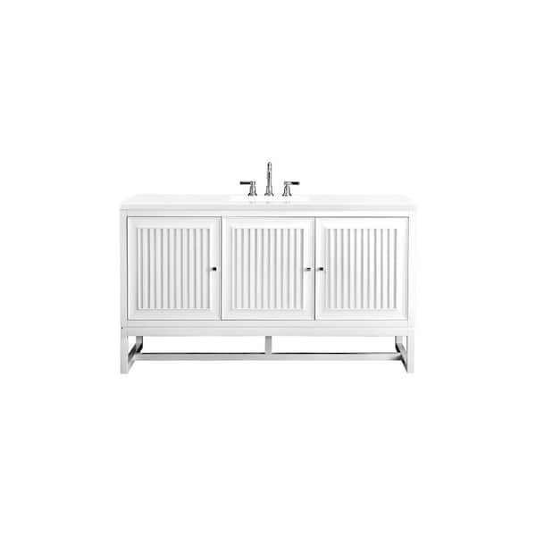 James Martin Vanities Athens 60.0 in. W x 23.5 in. D x 34.5 in. H Bathroom Vanity in Glossy White with White Zeus Quartz Top