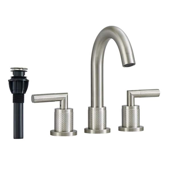 Lukvuzo 8 in. Widespread Double Handled Mid Arc Bathroom Faucet with Pop Up Drain and Supply Hose in Brushed Nickel