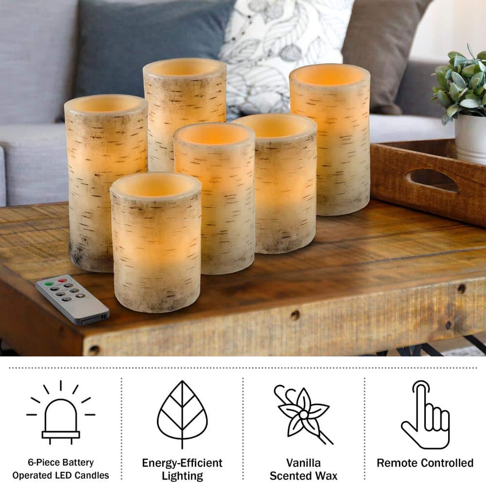 Rustic Cream Faux Birch Bark Flameless LED Candles Set of 6