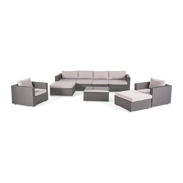 Noble House Dominique Gray 9-Piece Wicker Outdoor Sectional Set with Silver Cushions