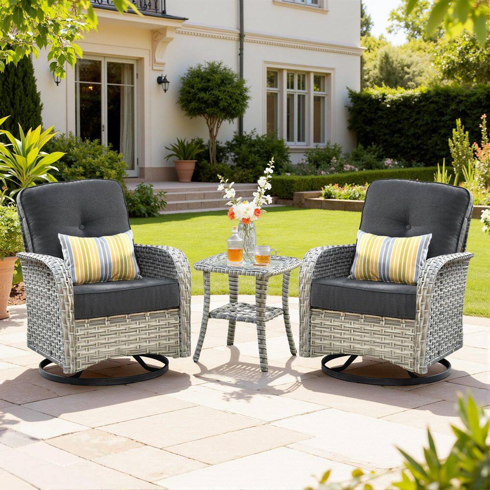 Vineny Gray 3-Piece Wicker Patio Conversation Set with Black Cushions and Swivel Chairs price history on PriceWatchPro
