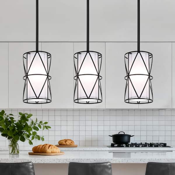 1-Light Black Modern Drum Pendant Light with White Fabric Shade (Set of 3)