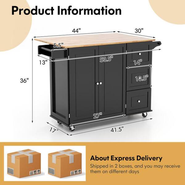 Rolling Kitchen Island With Drop Leaf & Power Outlet - Mobile Cart With Drawers