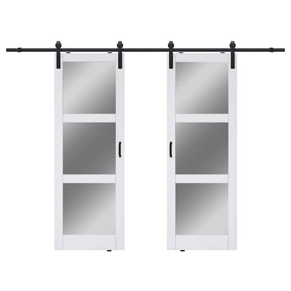 ARK DESIGN 60 in. x 84 in. 3-Lite Mirrored Glass White Finished Composite MDF Barn Door Slab with Hardware Kit