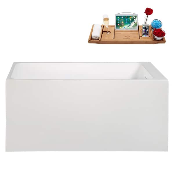 51 in. x 28 in. Acrylic Freestanding Soaking Bathtub in Glossy White with Matte Black Drain, Bamboo Tray