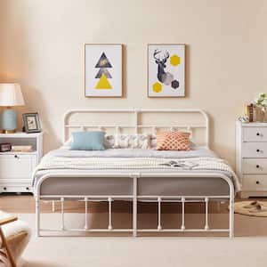 Victorian Bed Frame With Heavy Duty, White Metal Frame King Size Platform Bed With headboard，Under Bed Storage