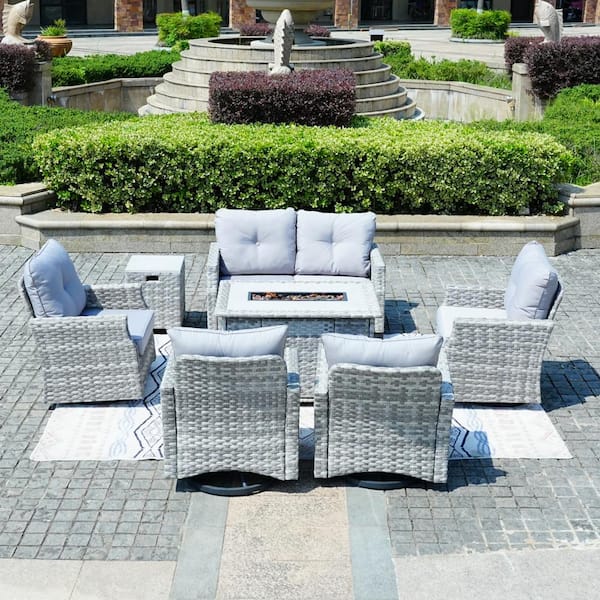 moda furnishings Oliver 7-Piece Wicker Patio Conversation Set with Gray Cushions