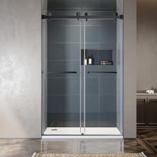 UNIKOO UKD01 51 to 55 in. W x 80 in. H Double Sliding Frameless Shower Door in Matte Black, EnduroShield 3/8 in. Clear Glass