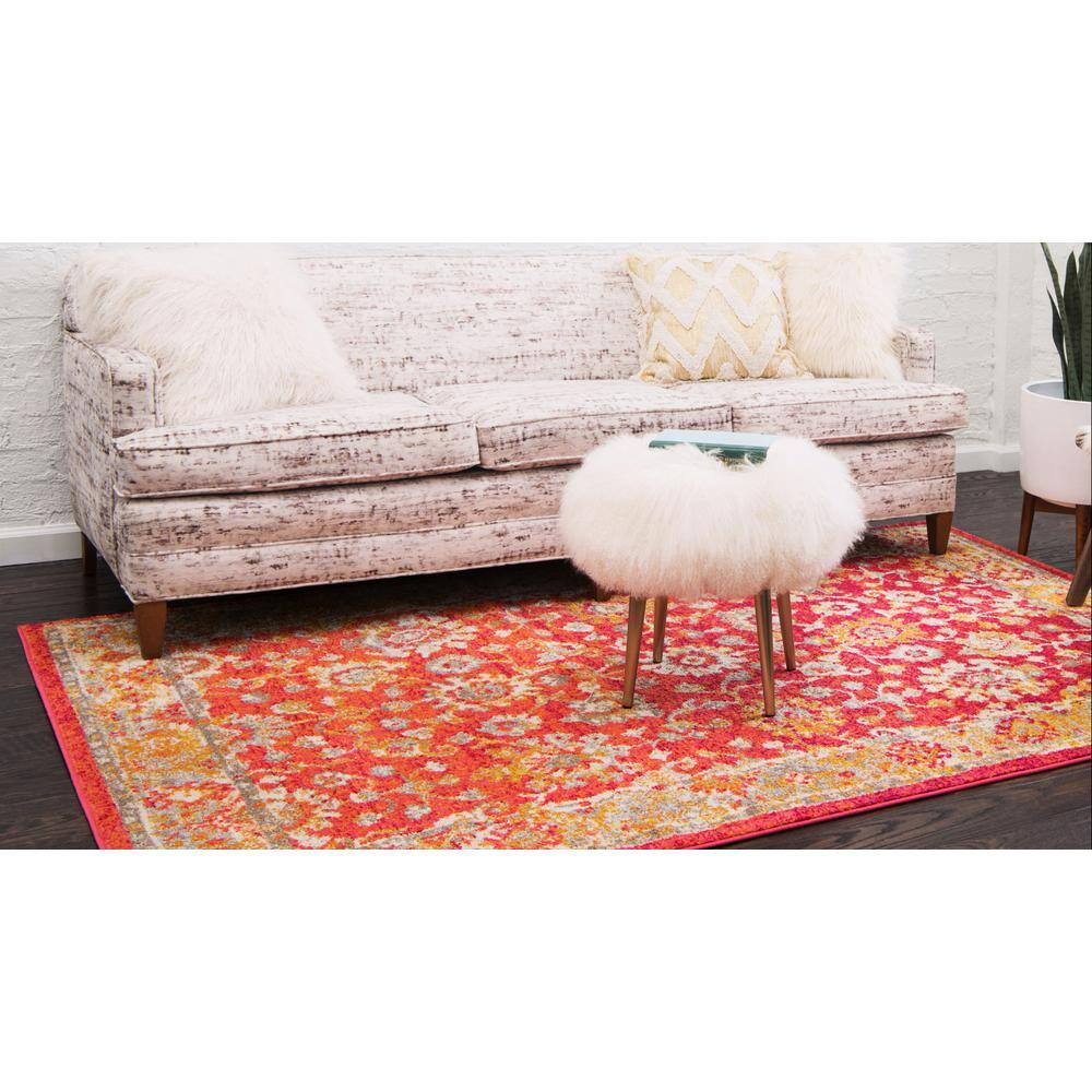 Rust Red Floral Square Stain-Resistant Synthetic Rug