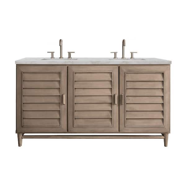 James Martin Vanities Portland 60.0 in. W x 23.5 in. D x 34.3 in. H Double Bath Vanity in Whitewashed Walnut with Victorian Silver Quartz Top