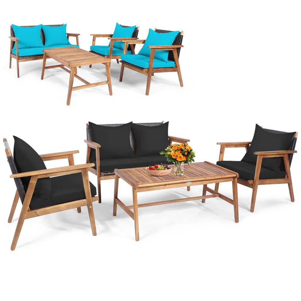 Gymax 4-Pieces Patio Conversation Set Wood Frame Furniture Set with