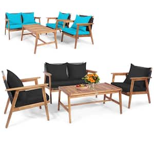 4-Pieces Patio Conversation Set Wood Frame Furniture Set with Turquoise and Black Cushions