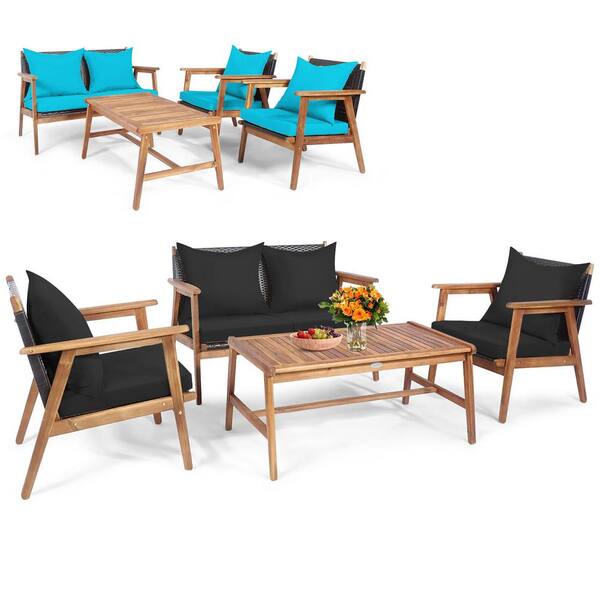 Gymax 4-Pieces Patio Conversation Set Wood Frame Furniture Set with Turquoise and Black Cushions