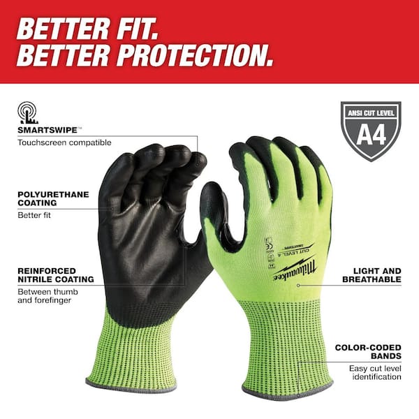 Large High Visibility Level 4 Cut Resistant Polyurethane Dipped Work Gloves