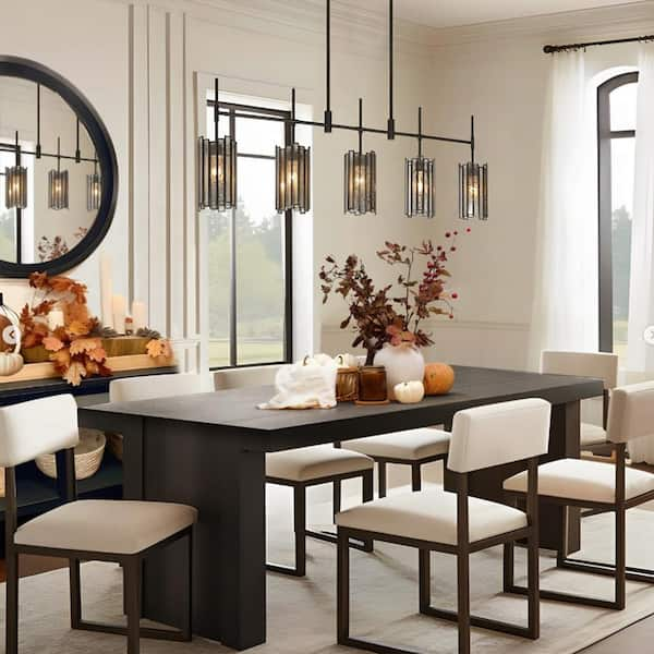 Transitional 45.3 in. 5-Light Flat Black Linear Chandelier with Drum Mercury Glass Shades Island Pendant for Dining Room