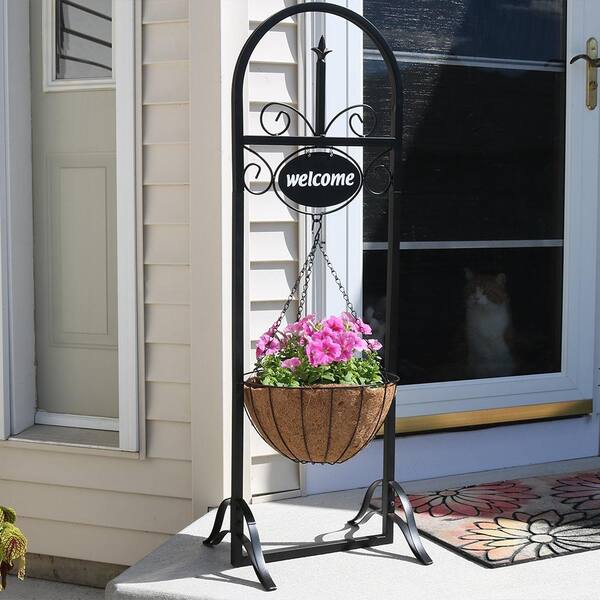 Sunnydaze Decor 48 In Decorative Iron Welcome Sign And Hanging Basket Planter Stand Hmi 767 The Home Depot