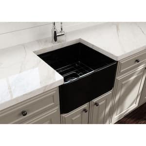 Classico Farmhouse Apron Front Fireclay 20 in. Single Bowl Kitchen Sink with Bottom Grid and Strainer in Black