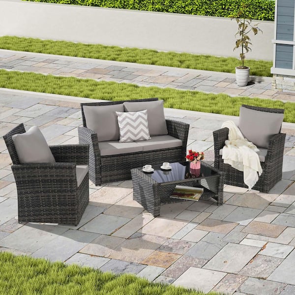 Tenleaf 4-Piece Wicker Patio Conversation Set with Light Gray Cushions, Tempered Glass Coffee Table
