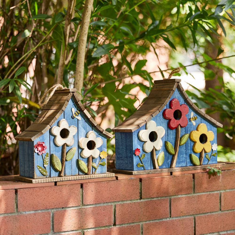 Oversized Blue Wooden Birdhouse with 3D Flowers