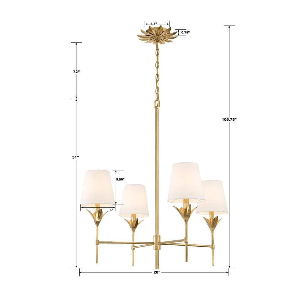 Antique Gold Crystal 4-Light Chandelier with White Silk Shades