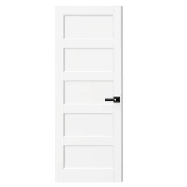 30 in. x 80 in. MDF, Composite, Pre-assembled, Primed, White, 5 Panel Interior Door Slab With Black Lever Handle