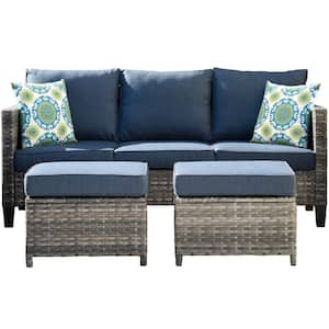 New Vultros Gray 3-Piece Wicker Outdoor Lounge Chair with Blue Cushions and 2 Ottomans