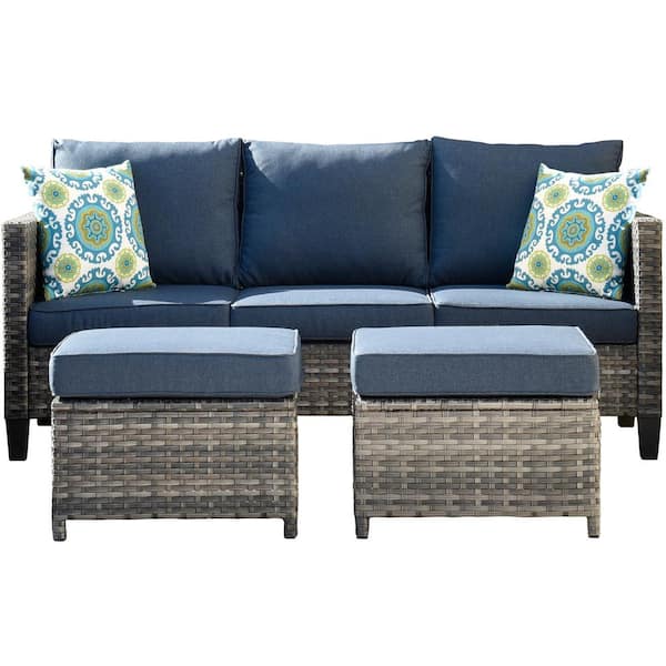 OVIOS New Vultros Gray 3-Piece Wicker Outdoor Lounge Chair with Blue Cushions and 2 Ottomans