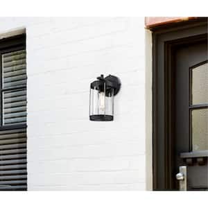 Kezia 1-Light Textured Black and Industrial Steel Finish Outdoor Wall Mount Lantern with Clear Glass