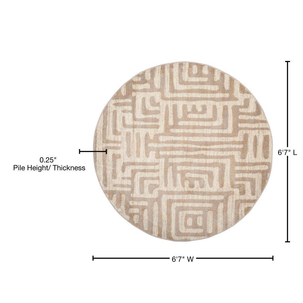 Ivory and Mauve Round Synthetic Abstract Area Rug
