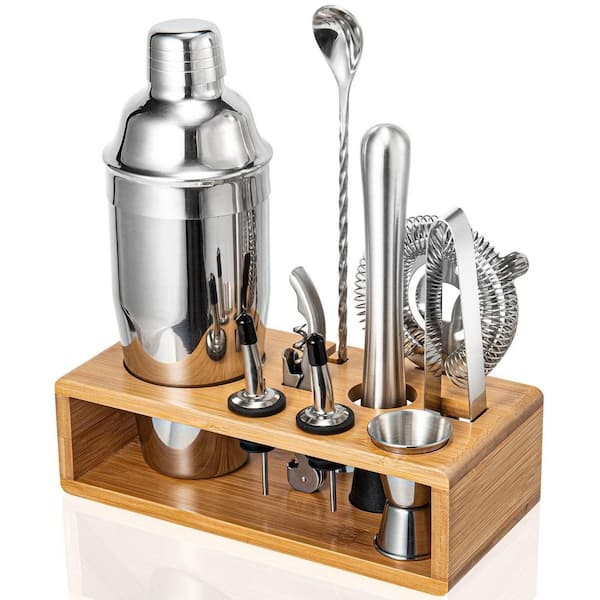 Mixology Bartender Kit, 10-Piece Bar Tools with Stylish Bamboo Stand, Professional Martini Shaker Gift, Silver