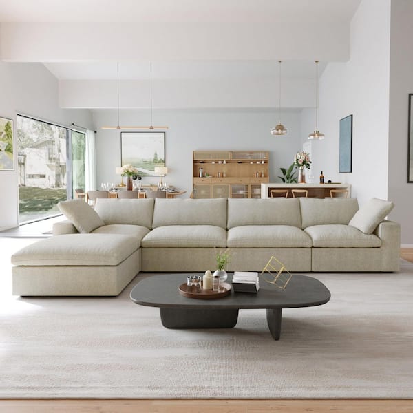 160.2 in. Square Arm Linen 5-piece L Shaped Free Combination Modular 5-Seater Sectional Sofa with Ottoman in Light Brown