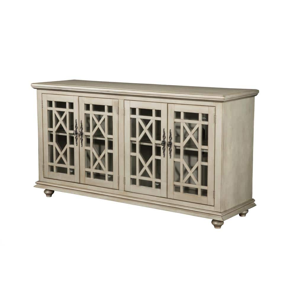 Antique Silver Wood TV Stand with Glass Doors