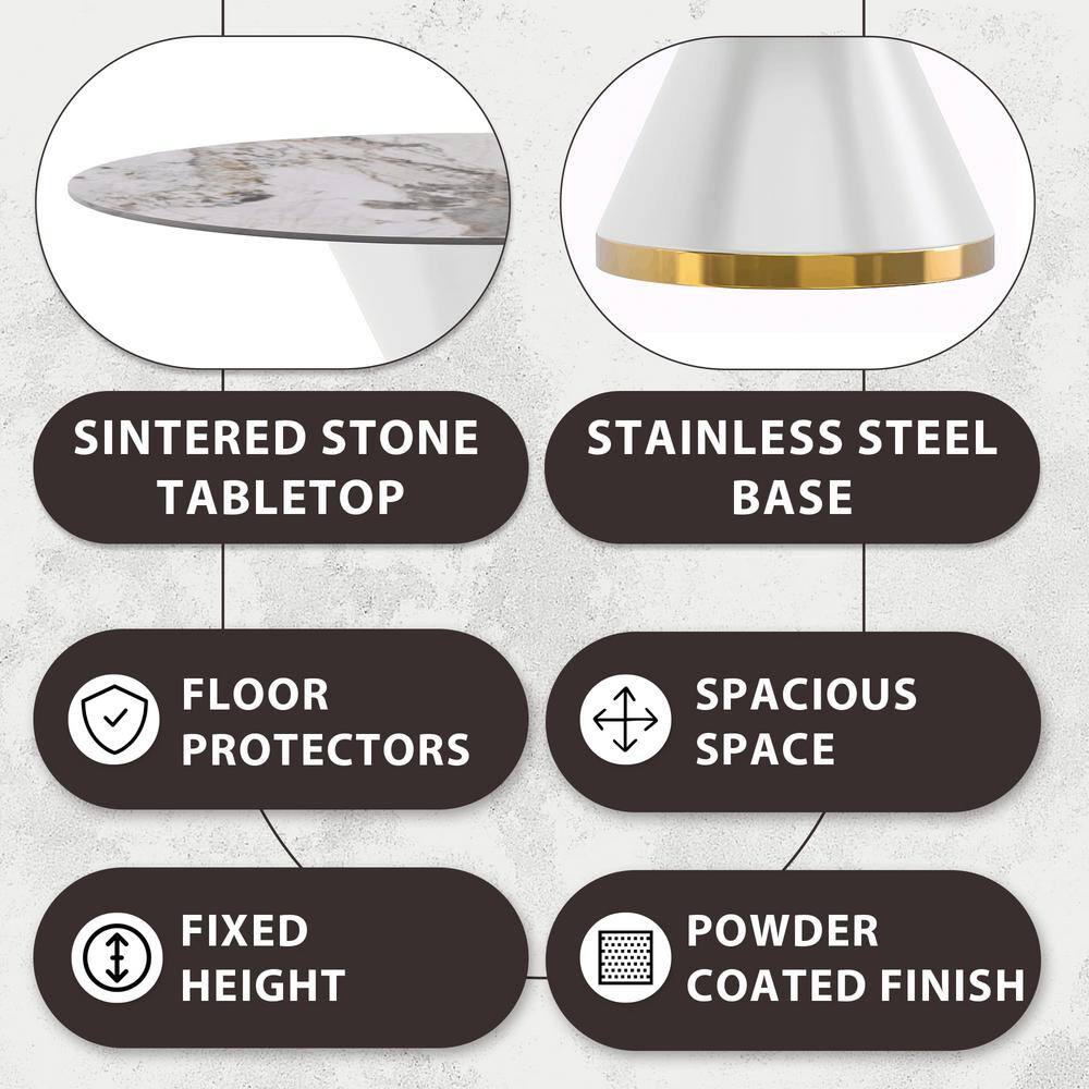 Modern Round White and Gold Dining Table with Glass Top for Six