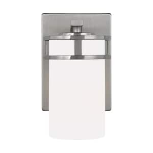 Robie 5 in. 1-Light Brushed Nickel Transitional Bathroom Vanity Light Wall Sconce with White Glass Shade and LED Bulb